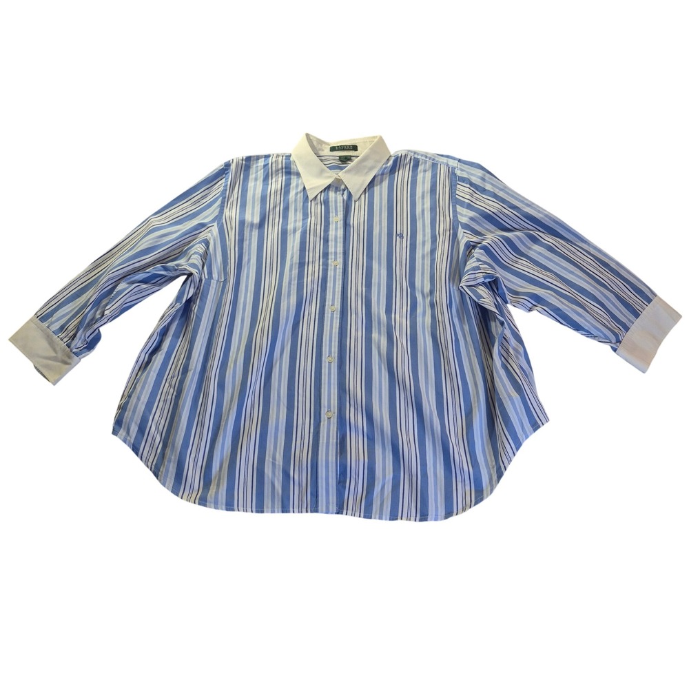 Lauren Ralph Lauren Striped Button Down Womens 3X Plus Size Coastal Preppy Blue